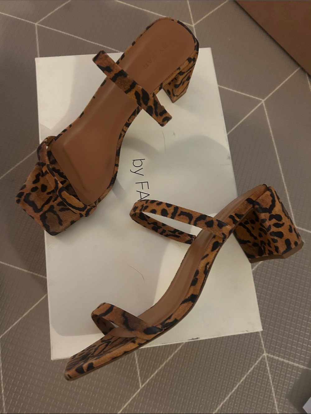 BY FAR Leopard-Pattern Block Heel Sandals in Brown & Black - Picture 2 of 3